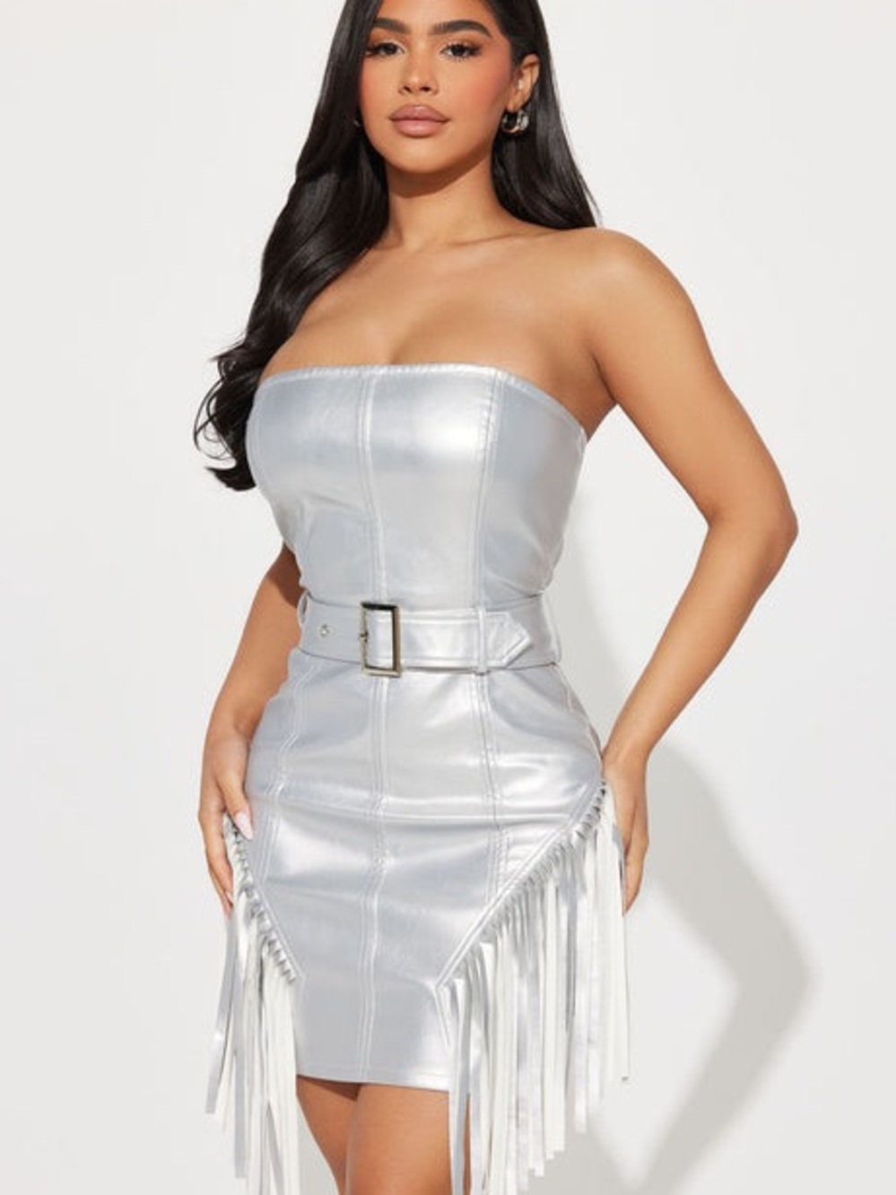 Fashion Nova Silver Strapless Fringe Belted Mini Dress